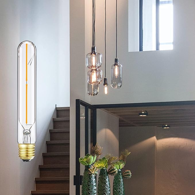 7.3 Inch E26 Led Bulb 40 watt,Dimmable Tubular Bulb 4W,2700k Warm White Edison Bulbs,T10 Long Clear Glass Light Bulb for Rustic Pendant,Industrial Pipe,Wall Sconces,Chandeliers,6 Pack