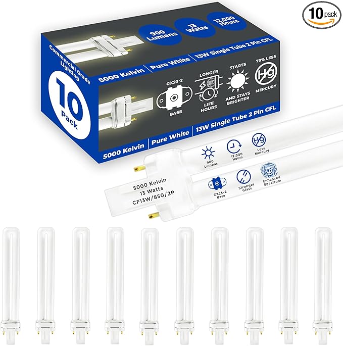 GoodBulb 13 Watt CFL Light Bulbs 2 Pin GX23 Base 5000K Daylight 13W High Output 800 Lumens Single Tube Compact Fluorescent Light Bulbs Plug-in 10 Pack