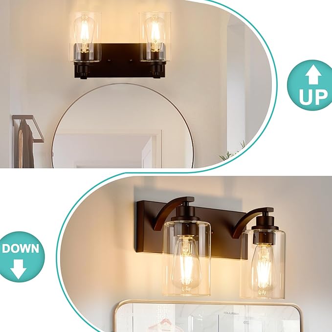 2-Light Bathroom Light Fixtures Modern ORB Vanity Lights for Bathroom Lighting Fixtures Over Mirror with Clear Glass Shade for Cabinet Mirror Bedroom Hallway