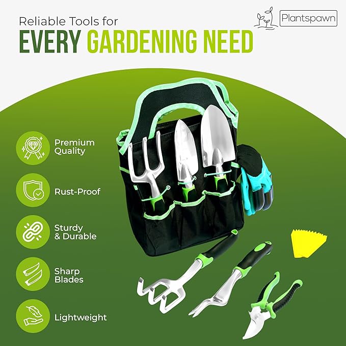 8 PCS Gardening Tools Set with Bag | Heavy-Duty Rust-Proof Hand Tools with Plastic Handles Includes 15 Plant Tags | Ideal Gift for Women, Men, Mom, Dad & Gardeners