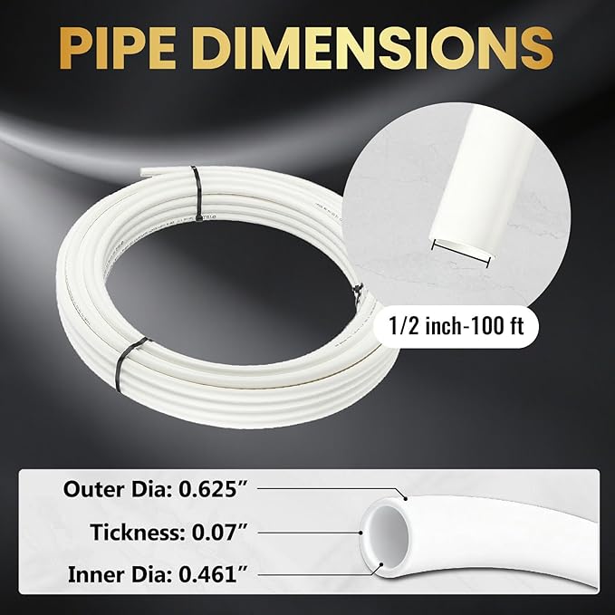 1/2 Inch-100 ft Foskan White PEX-B Pipe,Water Tubing with a Pipe Cutter,24 Pcs 1/2" Pex Crimp Brass Fittings & 50 Pcs Clamp rings