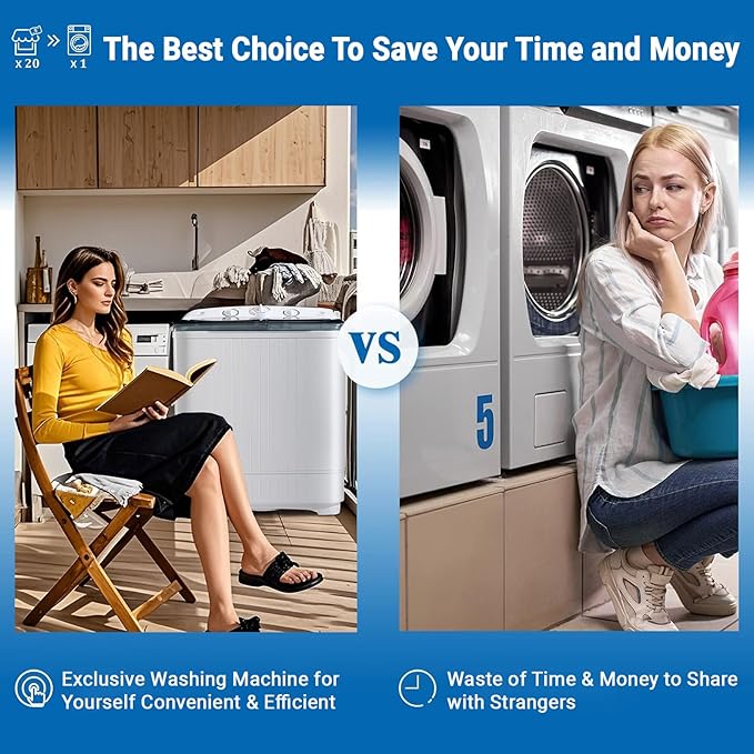 32 lbs Compact Mini Twin Tub Washing Machine with Drying Rack&10 Hangers, 20 lbs Washer Mini Compact Laundry Machine and 12 lbs Spinner, Convenient and Efficient for Dorms, Apartment