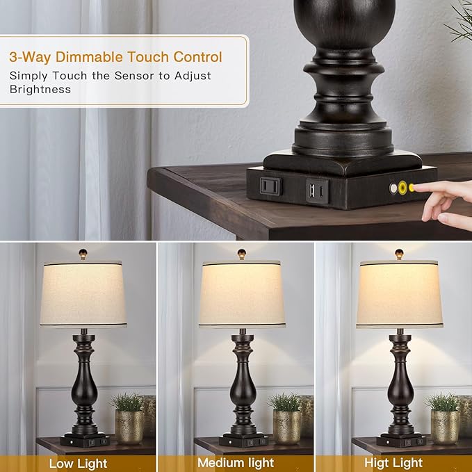 29" Tall Table Lamp for Living Room Set of 2,Farmhouse Vintage Bedside Nightstand Lamps with USB C+A Ports & AC Outlet,3-Way Dimmable Touch Control Retro Black Lamp for Bedroom,Color 5