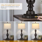 29" Tall Table Lamp for Living Room Set of 2,Farmhouse Vintage Bedside Nightstand Lamps with USB C+A Ports & AC Outlet,3-Way Dimmable Touch Control Retro Black Lamp for Bedroom,Color 5