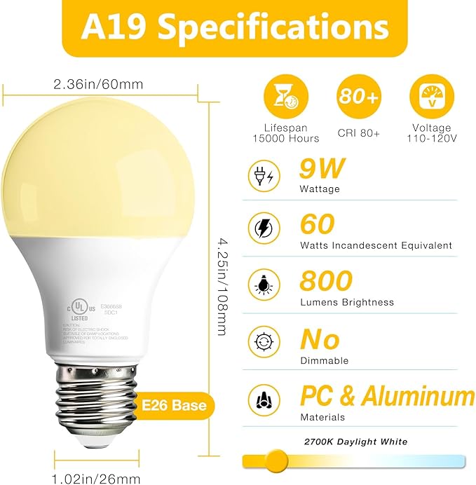 dalattin 24 Pack LED Light Bulbs Soft White 2700K, 60 Watt Equivalent A19 Standard Bulbs, E26 Base, 800 LM, Efficient 9W Energy Saving, Non-Dimmable, 80+ CRI,120V, UL Listed, for Living Room, Office