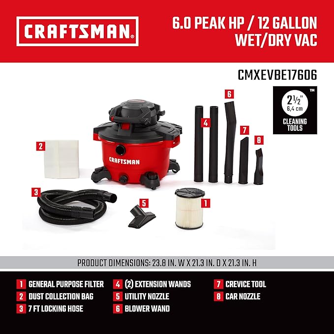 CRAFTSMAN CMXEVBE17606 12 Gallon 6.0 Peak HP Wet/Dry Shop Vac with Detachable Leaf Blower, Portable Shop Vacuum Wet and Dry with Filter, Dust Bag, Hose and Attachments for Garage, Outdoor Cleaning