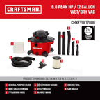 CRAFTSMAN CMXEVBE17606 12 Gallon 6.0 Peak HP Wet/Dry Shop Vac with Detachable Leaf Blower, Portable Shop Vacuum Wet and Dry with Filter, Dust Bag, Hose and Attachments for Garage, Outdoor Cleaning