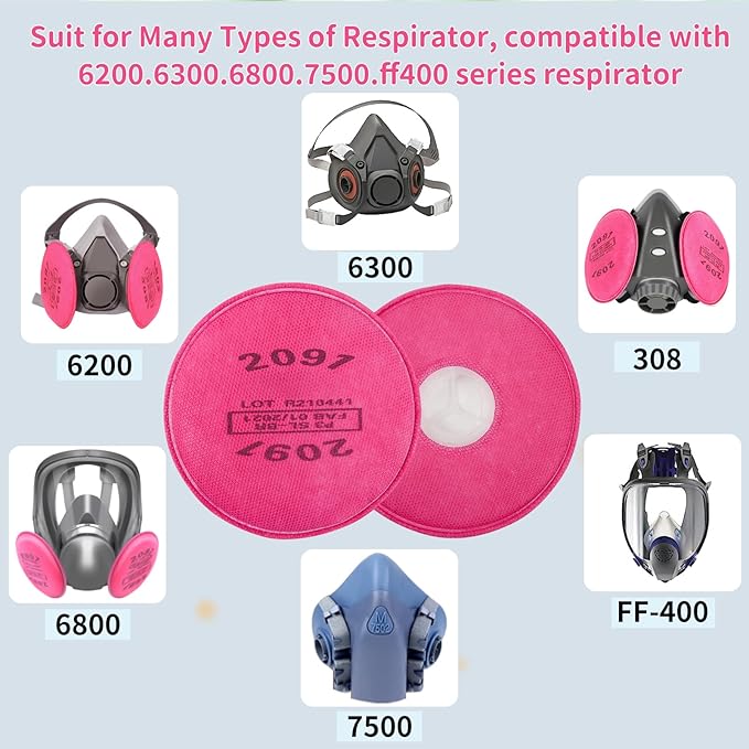 50Pcs/25Pairs 2091 Respirator Filters, High-Efficiency Dustproof Filter Cotton, 2091 Particulate Filter/Cartridges for 6200, 6502, 6800, 7502 etc Respirator, for Asbestos, Welding, Painting, Sanding