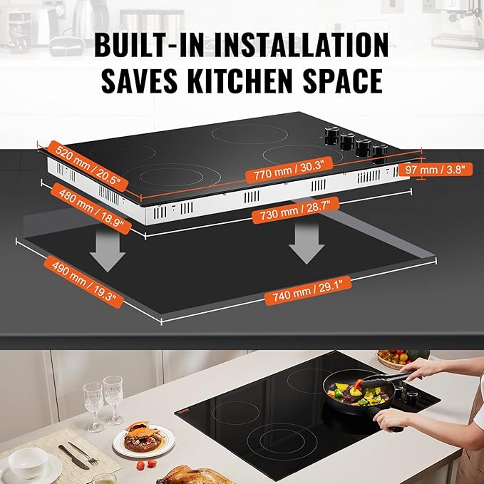 VEVOR Electric Ceramic Cooktop, Built-in Electric Stove Top, with Glass Panel, Knob Control, 11 Heat Levels, for Diverse Cooking Requirements (30inch-4burners/220V)