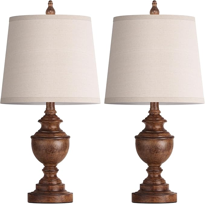 PARTPHONER Retro Table Lamps Set of 2, Bedside Lamp for Bedroom Rustic Farmhouse Table Lamps for Living Room, Vintage Nightstand Lamps with White Shades, Wood Grain