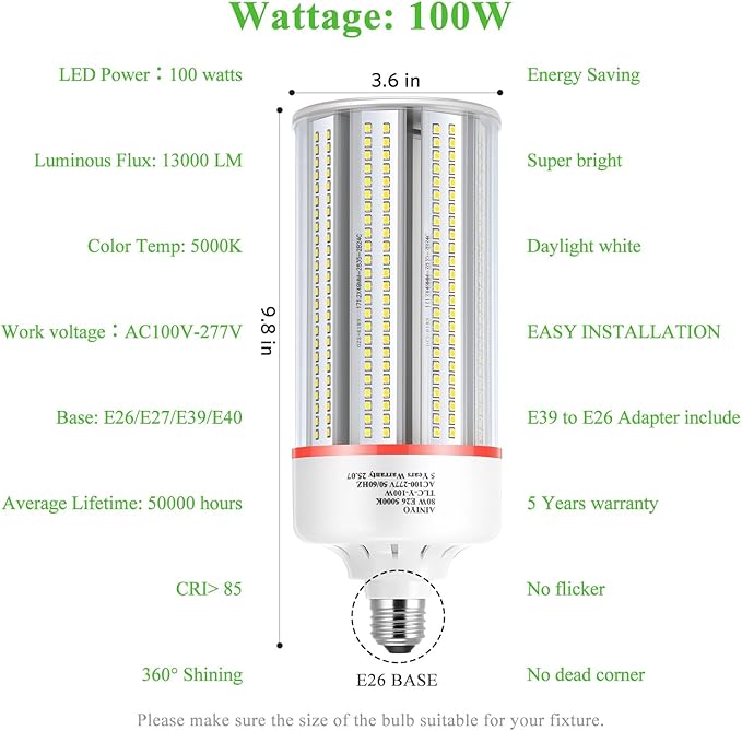 100W Led Corn Light Bulb,E39/E40 mogul Base,13500 lm,5000k Daylight,110 to 277 V,CFL HID 320W Metal Halide Replacement For Large-area Lighting Shopping Mall,GYM,Street,Warehouse,Factories(2-Pack)
