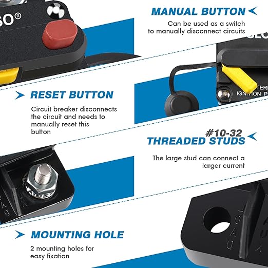 GLOSO Circuit Breaker 10 Amp E69 for Marine Truck Boat RV Automotive Mid Range Mini T3 Manual Reset Switchable Compact Medium IP66 (10 A)