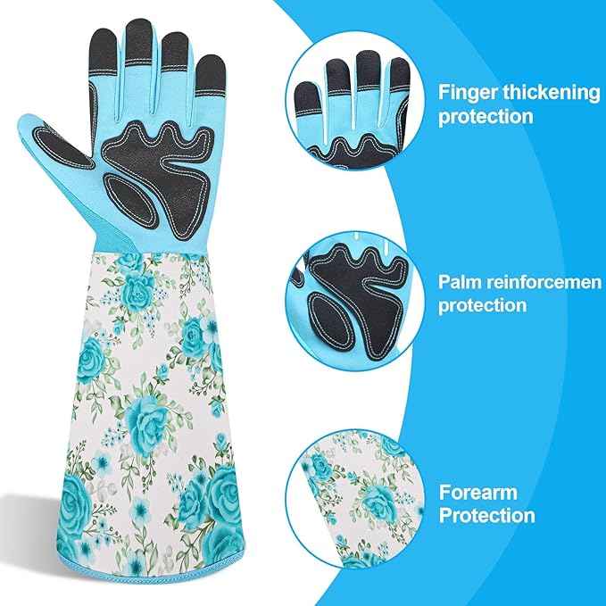 DLY Gardening Gloves for Women, Rose Gloves Gardening Thorn Proof, Long Garden Gloves for Women, Breathable & Durable Leather Gauntlet(Medium, Light Blue)