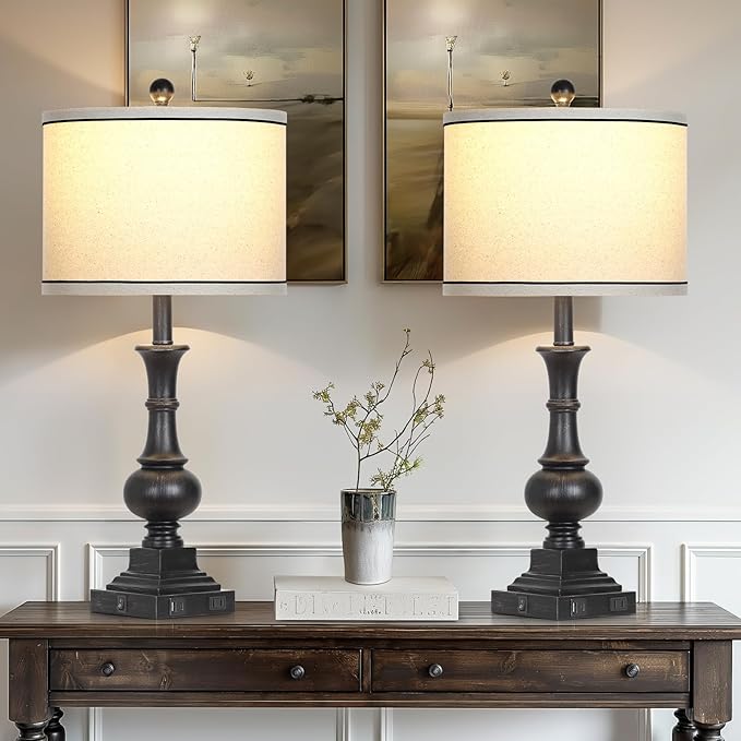 Farmhouse Lamps Set of 2, Vintage Rustic Black Table Lamps with USB A+C Fast Ports & AC Outlets, Traditional Nightstand Bedside Lamp for Living Room Bedrooms Home Office(2 LED Bulbs Included)