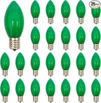 Abeja 25 Pack C9 Green Replacement Bulbs, 7W Vintage Incandescent Light Bulbs for Christmas Wedding Patio St. Patrick's Day Decoration, E17/C9 Intermediate Base