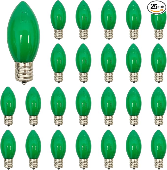 Abeja 25 Pack C9 Green Replacement Bulbs, 7W Vintage Incandescent Light Bulbs for Christmas Wedding Patio St. Patrick's Day Decoration, E17/C9 Intermediate Base