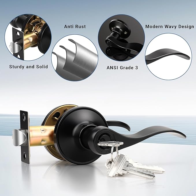 Knobonly 6 Pack Keyed Alike Bathroom/Bedroom Door Lock, Matte Black Front Door Handle, Exterior Door Handle, Same Key for Each Pack, Zinc Alloy