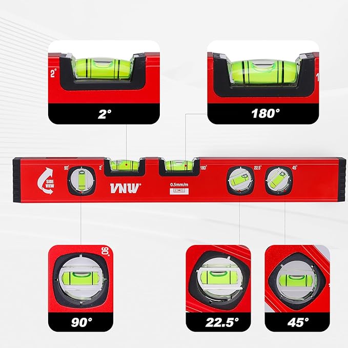 VNW 16-Inch Torpedo Level - 5 High-visibility Bubbles 2°/22.5°/45°/90°/180°,Level Tool with Rubber Endcaps and Aluminium Body, Flat View Viewing Window for Home Outdoor Measurements