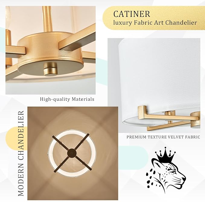 Modern Drum Chandelier 18” White and Gold Pendant Light Fixture Round Fabric Shade 4 Lights Semi Flush Mount Hanging Ceiling Chandelier for Dining Room Bedroom