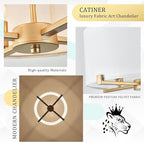 Modern Drum Chandelier 18” White and Gold Pendant Light Fixture Round Fabric Shade 4 Lights Semi Flush Mount Hanging Ceiling Chandelier for Dining Room Bedroom