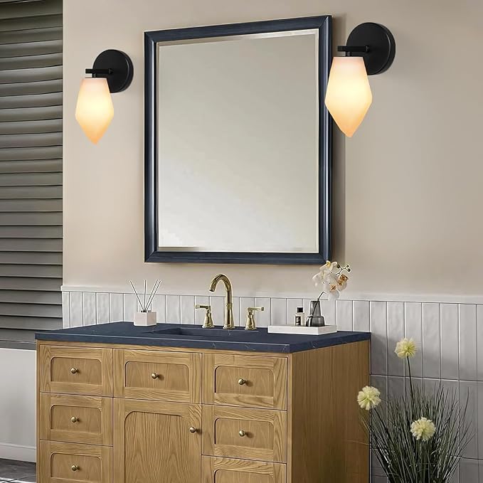 Alabaster Wall Sconce, Spanish Marble Wall Light, Modern Wall Sconce for Bathroom, Hardwired Wall Lighting for Living Room, Wall Lamp for Bedroom Hallway Stairs, Black