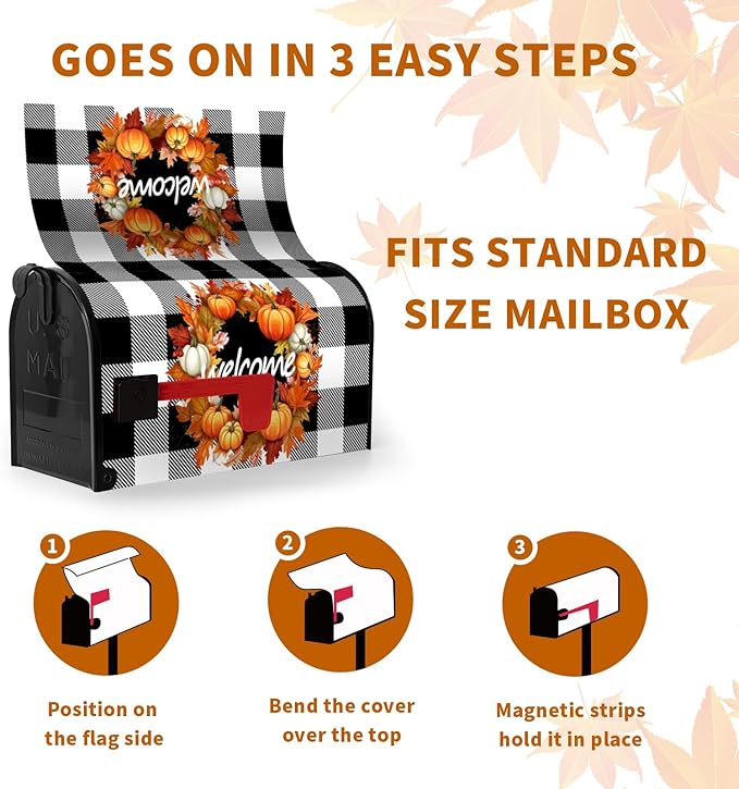 Fall Welcome Mailbox Covers Magnetic Large Size Autumn Pumpkin Buffalo Plaid Mailbox Cover Oversized Post Mailbox Wrap Outdoor Decor for Garden Yard 21x25.5 Inch