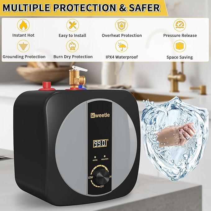 2.5 Gallons Under Sink Hot Water Heater, 110V 1500W Mini Tank Instant Water Heater With Digital Display Pressure Release Vavle Under For Bathroom Kitchen Hair Salon RV(Black)