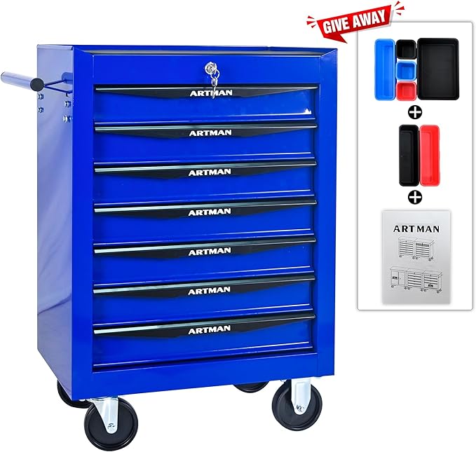 7-Drawer Steel Rolling Tool Cart with Wheels & Handle, Heavy-Duty Tool Chest Storage Cabinet for Garage and Workshop