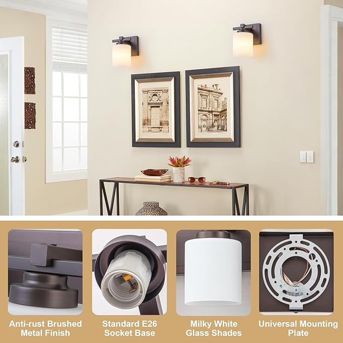 1 Light Modern Bathroom Light Fixtures Over Mirror, Bronze Finish Vanity Lights for Bathroom Wall Sconces with Milky White Glass Shades, E26 Socket (Bulbs Not Included)