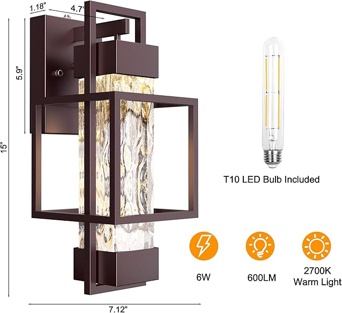 PARTPHONER Modern Outdoor Wall Lights 2 Pack, 15" Dusk to Dawn Sensor, Waterproof Porch Light, Bronze