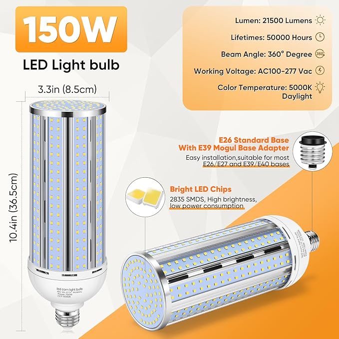 2 Pack 150W Corn LED Light Bulb Fanless,5000K Daylight(1500 Watt Equivalent) E26/E39 Large Mogul Base LED Cob Lamp 21,500LM for Outdoor Indoor Garage Warehouse Factory Workshop Street Backyard