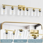 Modern Brushed Gold 6 Light Bathroom Light Fixtures,38 inch Vanity Lights for Bathroom with Clear Glass, Vanity Light for Mirror Kitchen Living Room Hallway Cabinet Porch