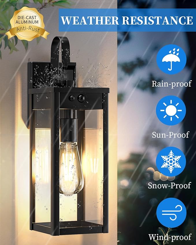 17'' Solar Porch Lights Outdoor 2 Packs, Waterproof Motion Lights for Outside, Black Dusk to Dawn Outdoor Lighting Modern Wall Sconce Lantern, Exterior Lighting Fixtures for House Patio Garage