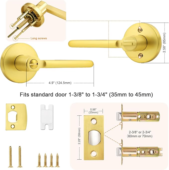 Probrico Privacy Door Handle Interior Gold Door Lever, Gold Door Handles Interior for Bedroom Bathroom, Wave Style Door Handle Reversible, 6 Pack