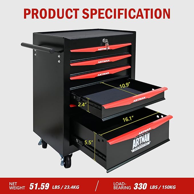 6 Drawers Rolling Tool Box on Wheels, Multifunctional Tool Chest Cabinet with Lock, Drawers Rolling Tool Cart Trolley Organizer Tool Storage Case for Warehouse,Garage,Workshop (Black&Red)