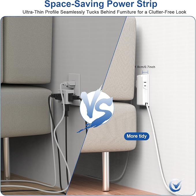 Power Strip Surge Protector with Outlet Cover, 6 AC Outlets Surge Protection, 4 USB Ports, 5ft Extension Cord, Wall Mount Flat Plug for Indoor Home Office Kitchen, White