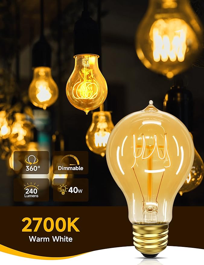 UNILAMP Edison Bulbs 40 Watt, Vintage Light Bulbs, A19 Antique Incandescent Light Bulbs, E26 Dimmable Decorative Light Bulb, Warm White 2700K, 110-130V, 4 Pack