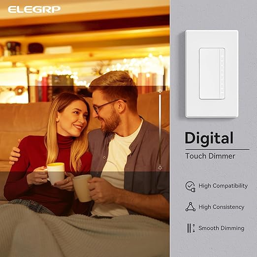 ELEGRP Dimmer Switch, Digital Dimmer Light Switch for LED Lights 150W, INC/HAL 450W, 3 Way LED Dimmer Switch, Needs Neutral Wire, Wall Plate Included, UL Listed, 2 Pack, Matte White