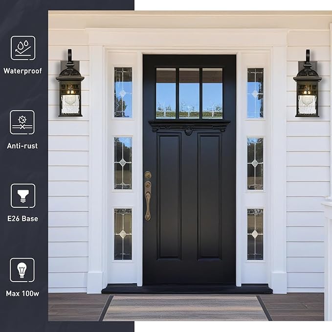 Outdoor Wall Lights Waterproof Exterior Lighting Fixture 15 Inch Height Black Porch Light Outdoor with Water Ripple Glass E26 Socket