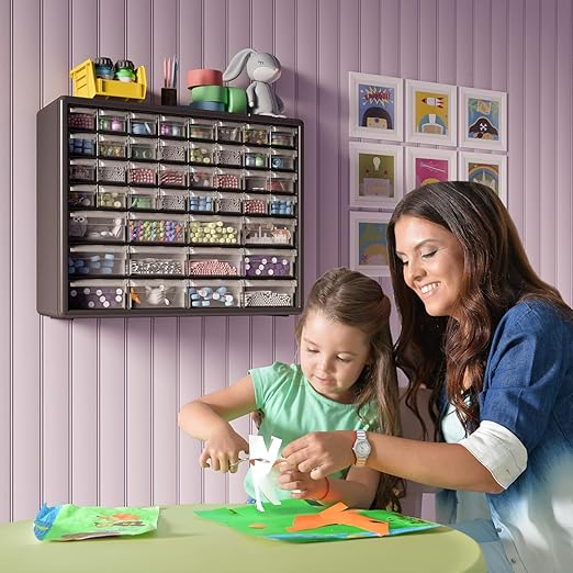 Akro-Mils 44-Drawer Plastic Drawer Storage Cabinet for Garage Organization, Bead Organizer, Building Bricks Storage, Teacher Toolbox, Makeup Organizer, 20" W x 6" D x 16" H, 10144 Black