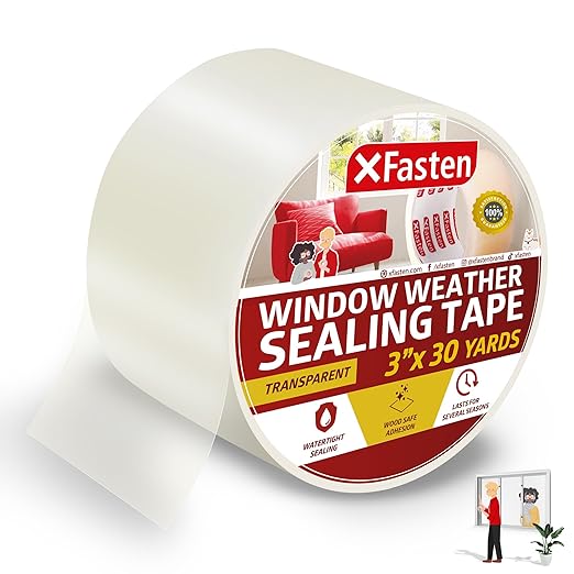 XFasten Window Sealing Tape for Winter 3” x 30 Yards RV Window Stripping for Winter | Heavy-Duty Transparent Weather Sealing Tape for Plastic Window Coverings for Winter, Residue-Free Weather Tape