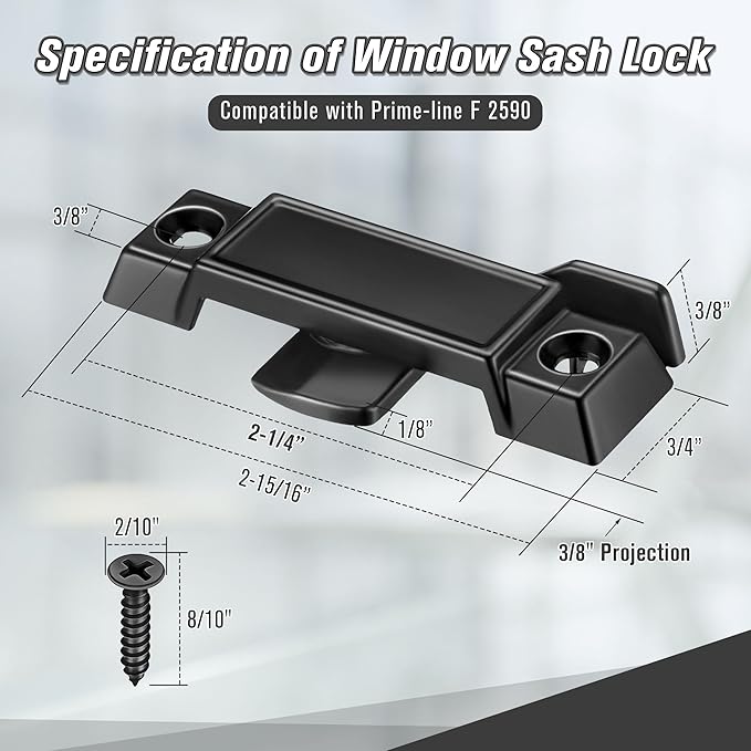 Saillong Replacement Sash Lock Compatible with Prime-line F 2590 for Vertical & Horizontal Sliding Windows, 2-1/4” Mounting Hole Centers, Broken Sash Locks for Additional Home Security(Black,3 Pack)