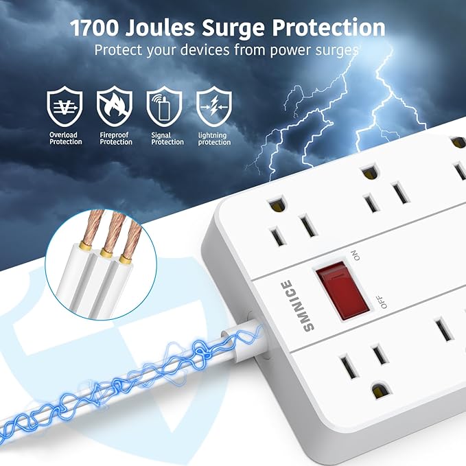 Power Strip Surge Protector, SMNICE Flat Plug Long Extension Cord 10 Ft with 8 Widely Spaced Outlets 6USB(1 USB C) Charging Station, Wall Mount for Dorm Home, Office Accessories,White