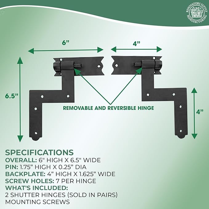 Renovators Supply Manufacturing - Heavy-Duty Black Wrought Iron Shutter Lift Off Pintle Hinges Colonial Pin Reversible for Doors, Window and Shutters with Hardware 6 1/2 Inches, Pack of 6 Pairs