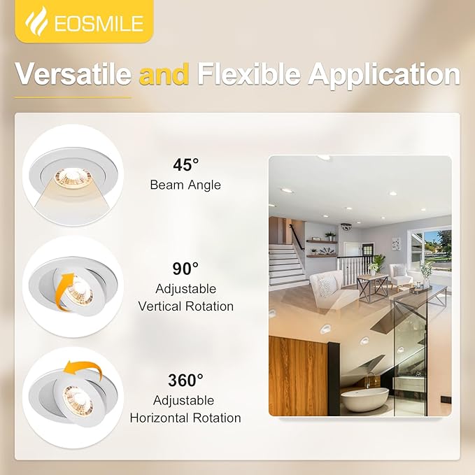 4 Inch 6 Pack Gimbal LED Recessed Lighting, 360°&90°Adjustable Eyeball Directional Wafer Light,Downlight, Dimmable, 12W 1100LM CRI95, White, 2700K 3000K 3500K 4000K 5000K 5CCT, ETL&FCC