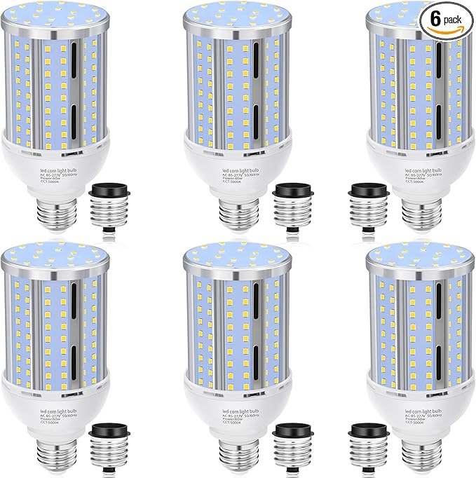 60W LED Corn Light Bulb(6 Pack),(600 Watt Equivalent) Fanless E26/E39 Medium/Large Mogul Base LED Cob Lamp 5000K Daylight 6,900LM for Outdoor Indoor Garage Warehouse Factory Workshop Street Backyard