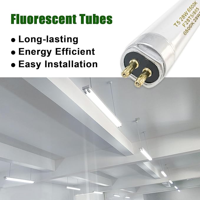 46 Inches F28T5/865/ECO 6500K, T5 28 Watts Fluorescent Light Bulb Daylight, T5 Fluoerscent Tube, Medium Bi-Pin Base, 2550 Lumens CRI 85 25 Pack
