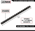 ARES 70084-1/4-Inch Drive Black Aluminum Socket Organizer - Store up to 16 Sockets and Keep Your Tool Box Organized - Sockets Will Not Fall Off this Rail