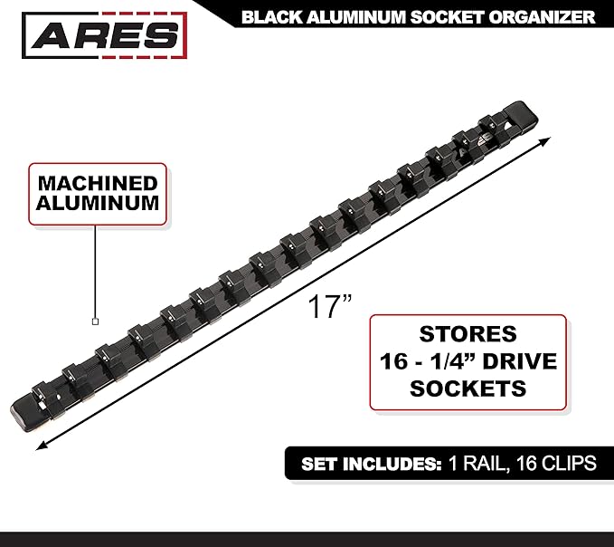 ARES 70084-1/4-Inch Drive Black Aluminum Socket Organizer - Store up to 16 Sockets and Keep Your Tool Box Organized - Sockets Will Not Fall Off this Rail