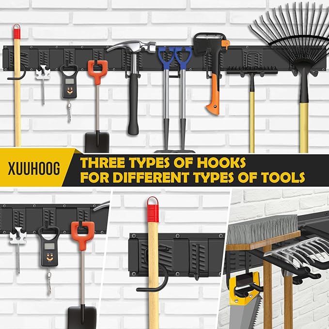 “48” Adjustable Garage Wall Tool Organizer - Full-Length Bracket for Garage Storage with 3 Tool Hooks, 2 Double Hooks, 2 Single Hooks and 3 Rails in Heavy-Duty Construction,Tool Organizer